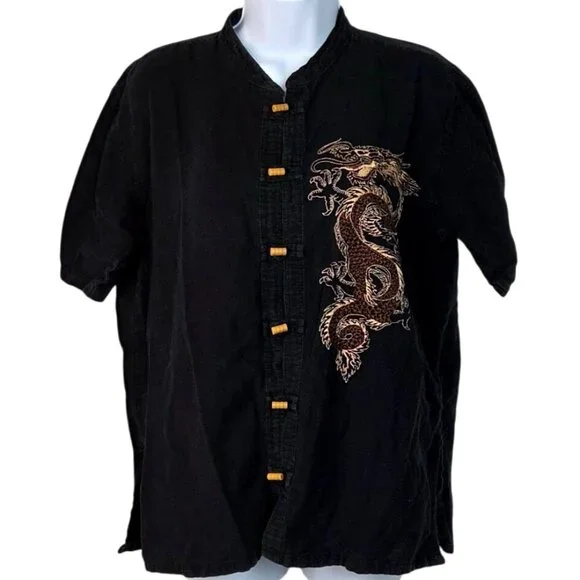 Vintage Arda Black Traditional Chinese Dragon Embroidered Toggle Front Shirt XL - Picture 1 of 6